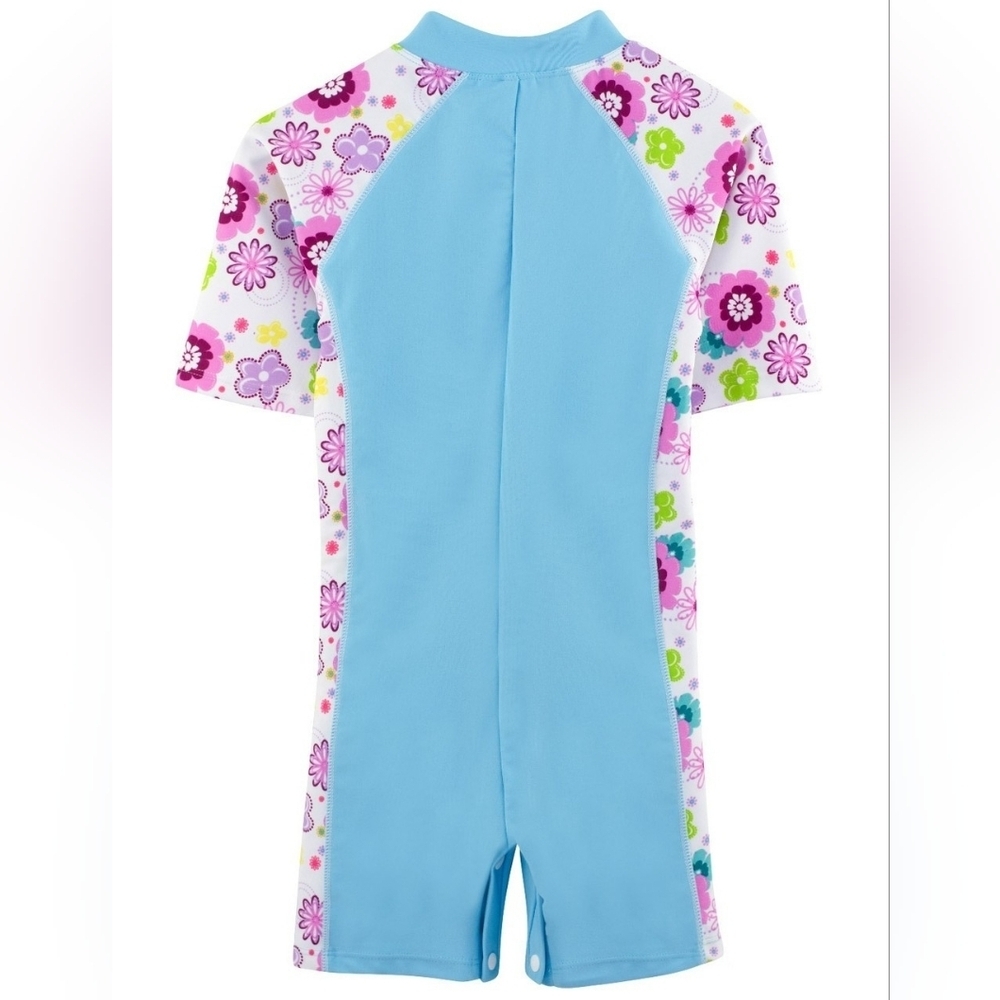 SunBusters Girls 1 Piece S/S Sunsuit Rash Swim UPF 50+ Blue Pink Floral NWT - Picture 2 of 3